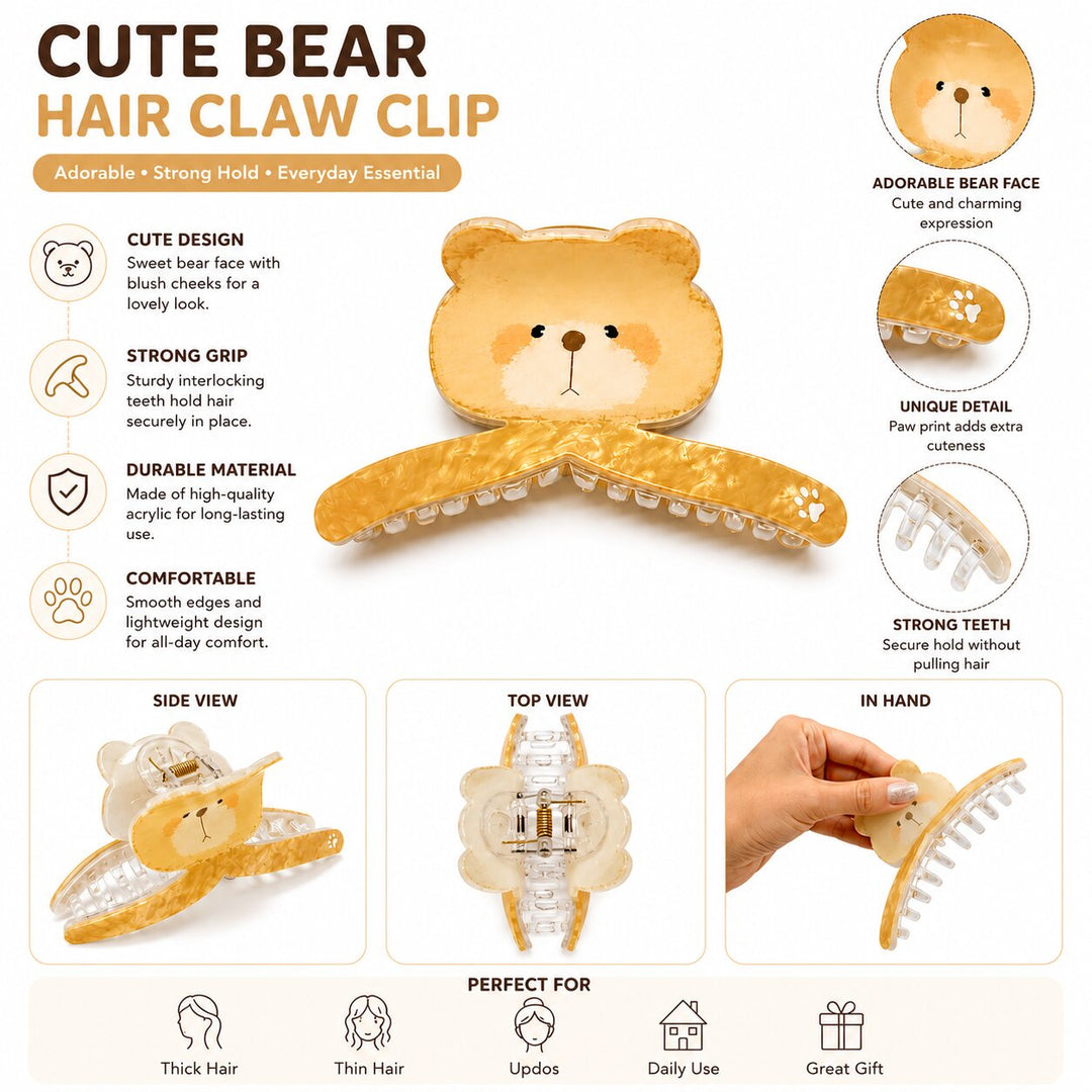 Radhu & Kabby Cute Bear Hair Claw Clip for Women | Premium Acrylic Hair Clutcher with Strong Grip for All Hair Types