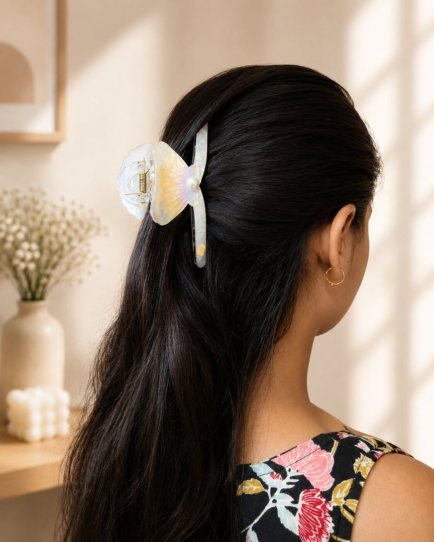 Radhu & Kabby Seashell Hair Claw Clip Set for Women | Pearl Accent Strong Hold Hair Clutchers