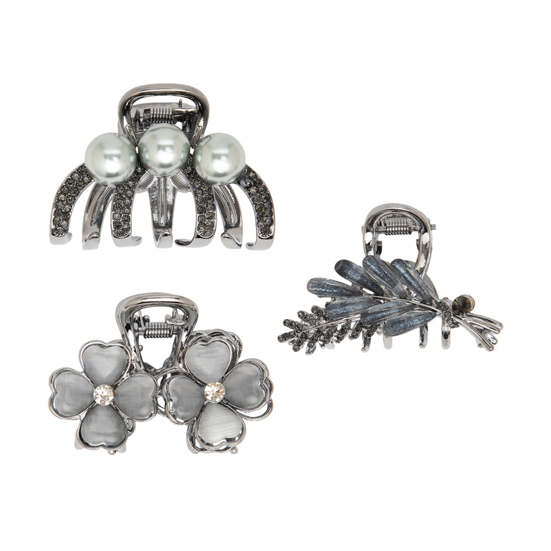 Elegant Silver Hair Clutcher Set for Women & Girls | Floral, Pearl & Leaf Design | Strong Grip & Stylish Metal Finish