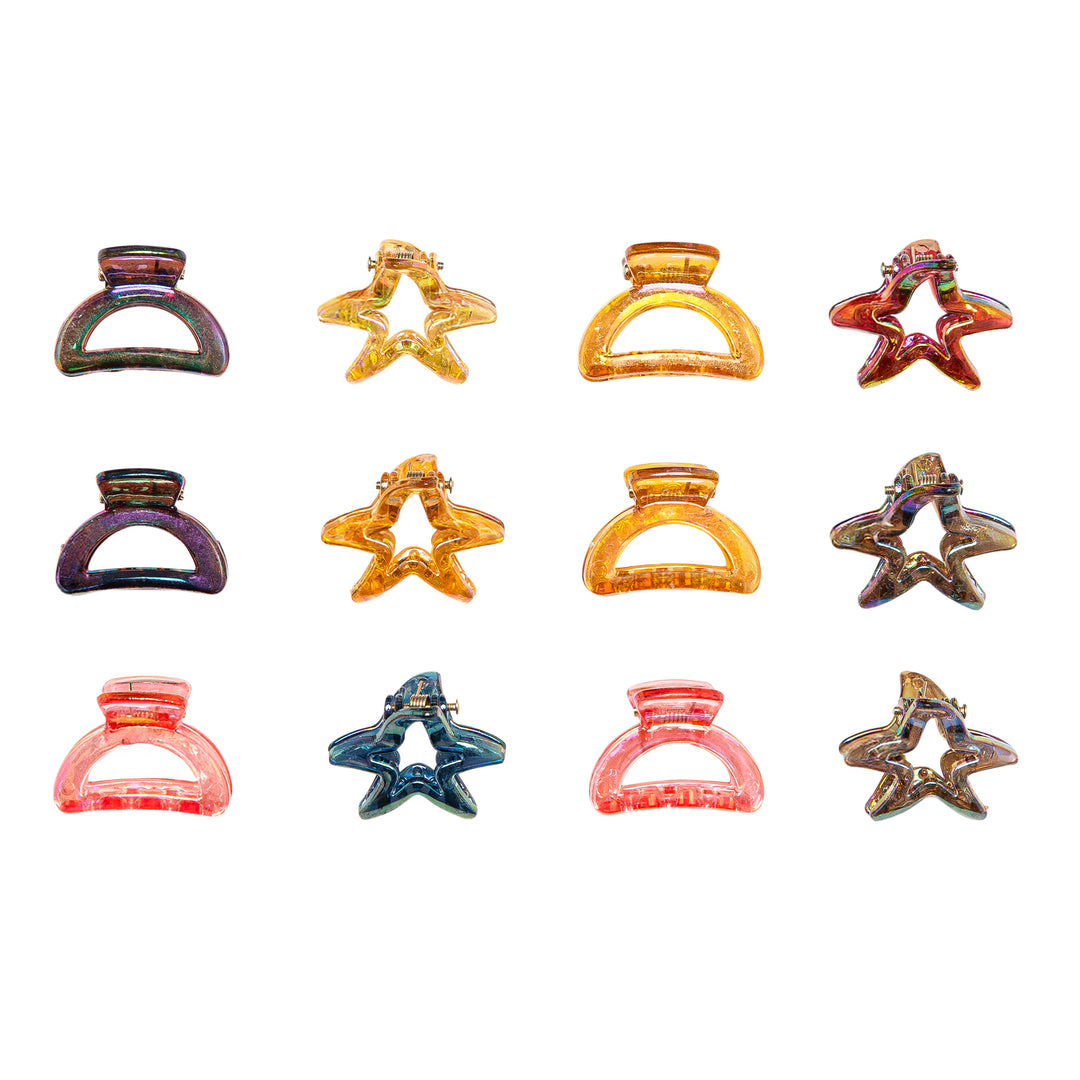 Radhu & Kabby Multicolor Mini Claw Clips for Girls | 12-Piece Star & Arch Set Glossy Acrylic Finish | Strong Hold Hair Accessories for Everyday & Festive Use