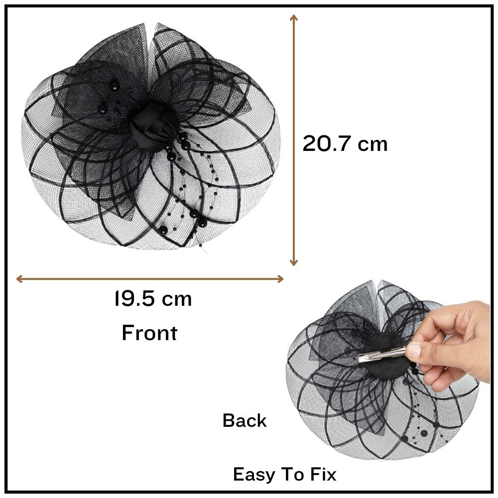Radhu & Kabby Glam Black Fascinator Hat for Girls/Women | Floral Mesh & Pearl Detailing | Stylish Hairwear