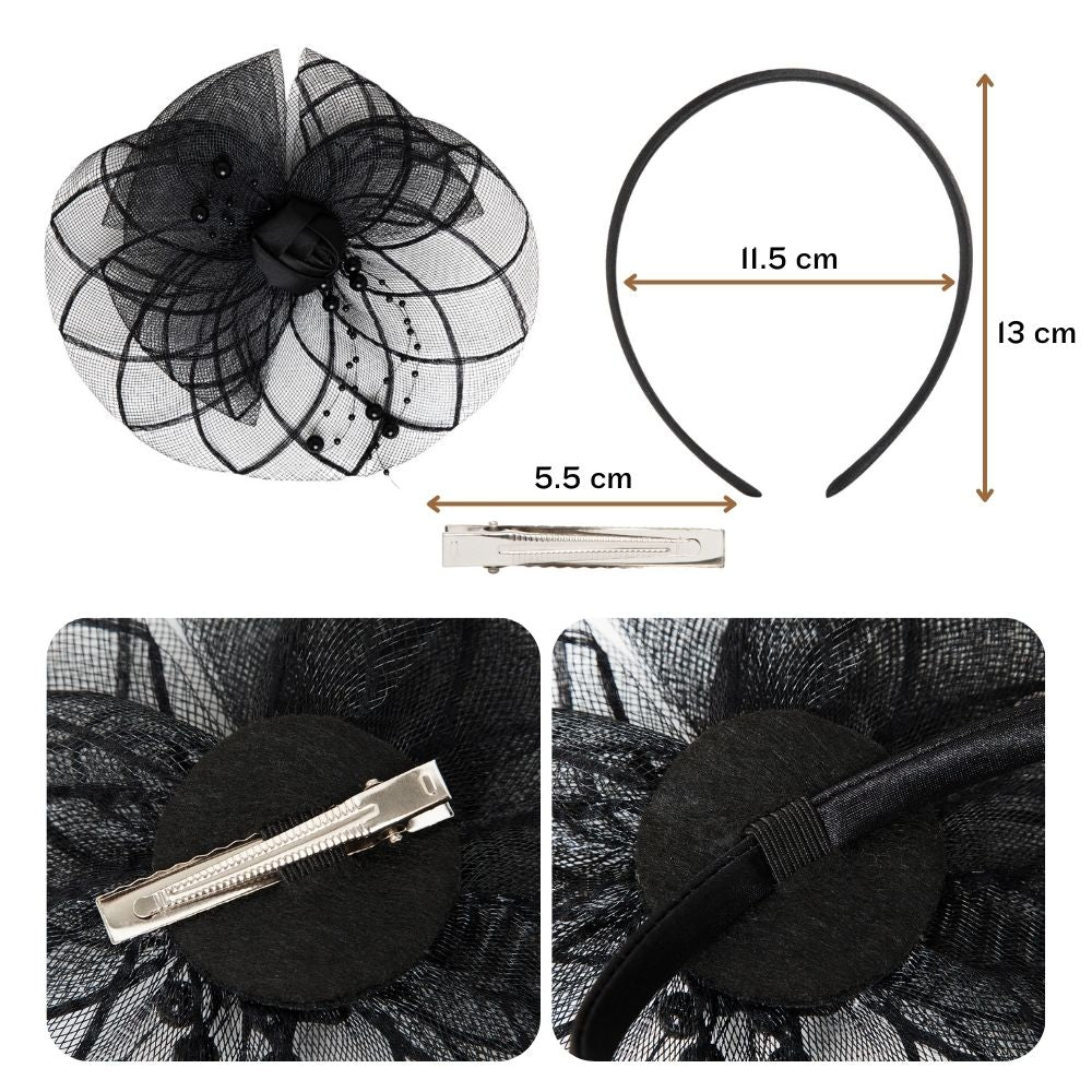 Radhu & Kabby Glam Black Fascinator Hat for Girls/Women | Floral Mesh & Pearl Detailing | Stylish Hairwear