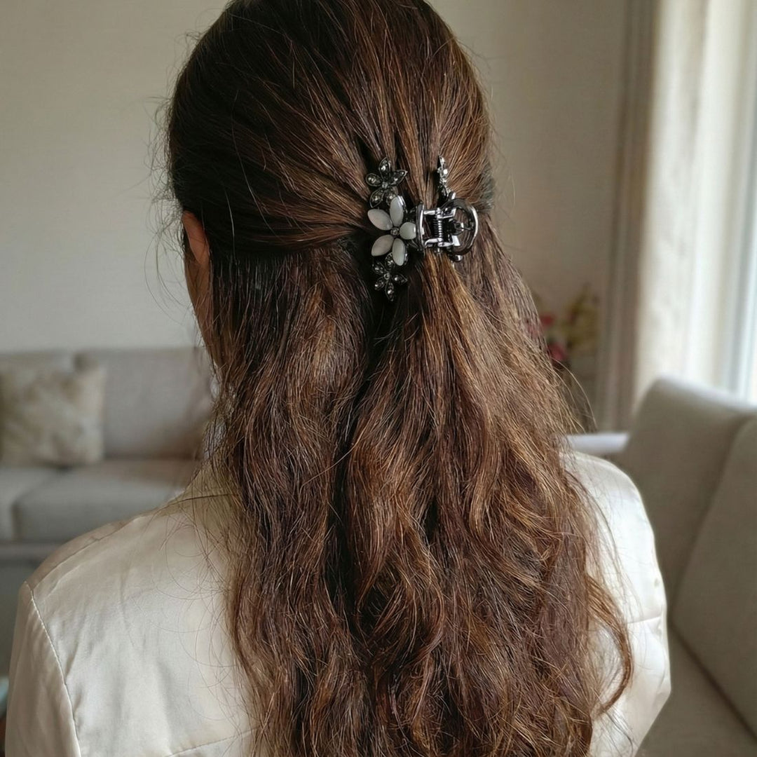 Radhu & Kabby Floral Hair Claw Clips for Girls/Women | Set of 2 Stylish Mini Clutchers | Elegant Rhinestone Embellished Design