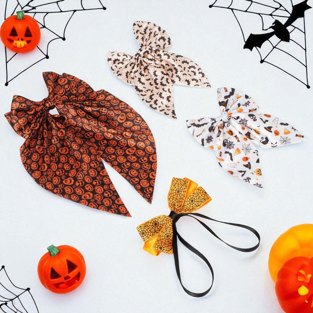 Radhu & Kabby Halloween Hair Bows | Satin & Ribbon Hair Accessories for Girls/Women | Pack of 4 Pumpkin, Ghost, Bat & Witch Hat Designs