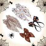 Load image into Gallery viewer, Radhu &amp; Kabby Halloween Hair Bows | Satin &amp; Ribbon Hair Accessories for Girls/Women | Pack of 4 Pumpkin, Ghost, Bat &amp; Spider Web Designs