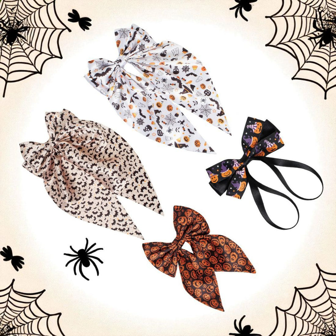 Radhu & Kabby Halloween Hair Bows | Satin & Ribbon Hair Accessories for Girls/Women | Pack of 4 Pumpkin, Ghost, Bat & Spider Web Designs