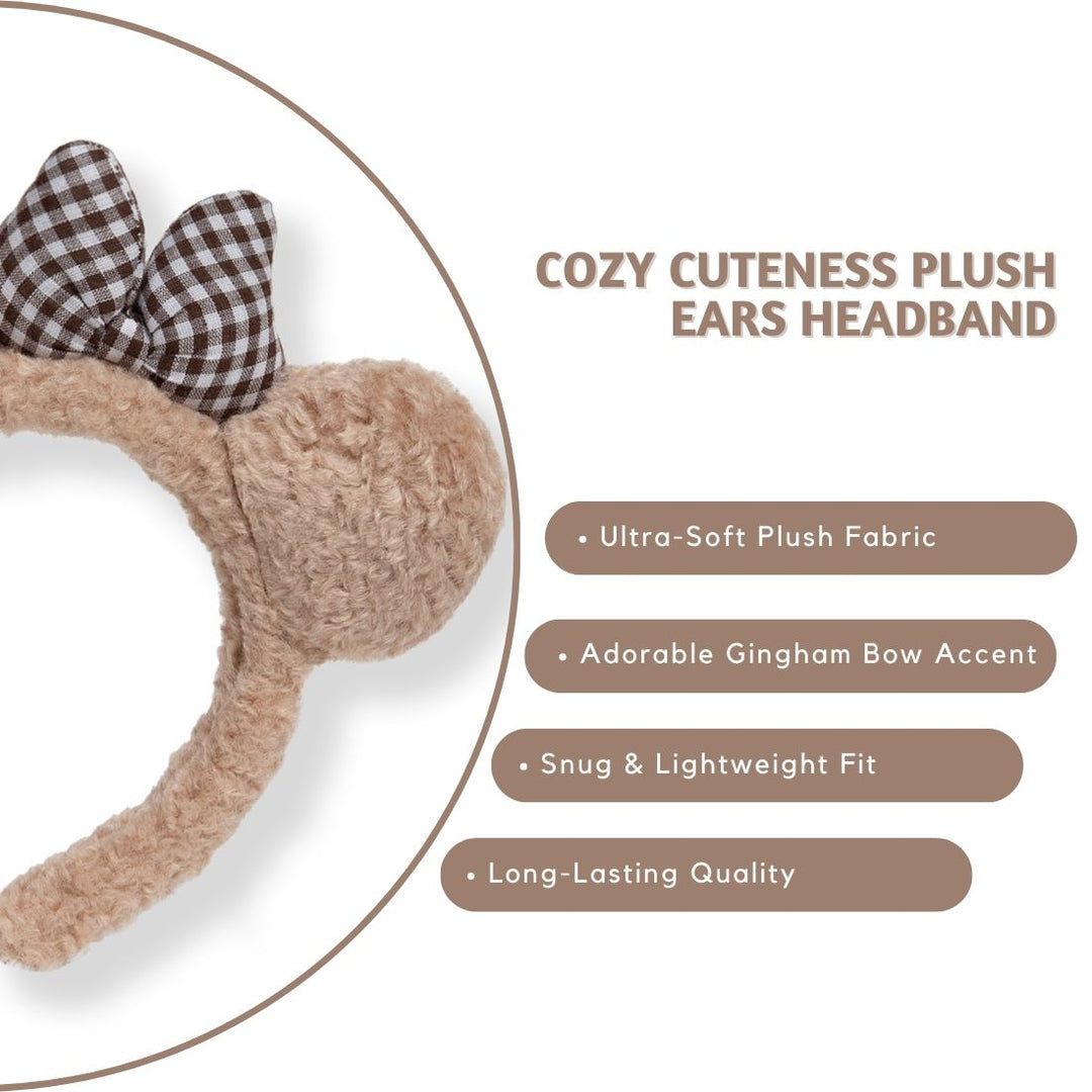Kids' Teddy Bear Hairband with Checkered Bow Design Beige Colour One Piece