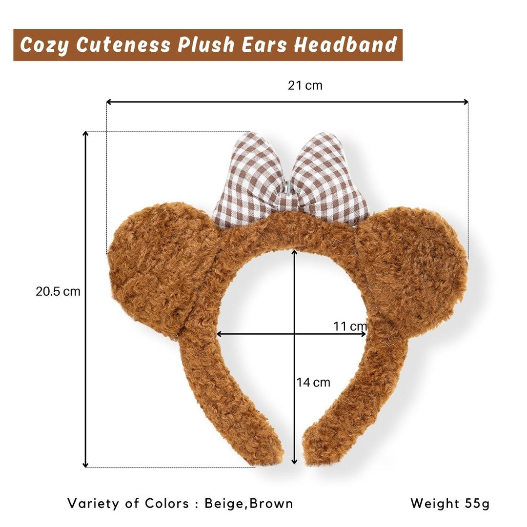 Plush Brown Bear Ear Headband with Checkered Bow For Girls One Piece