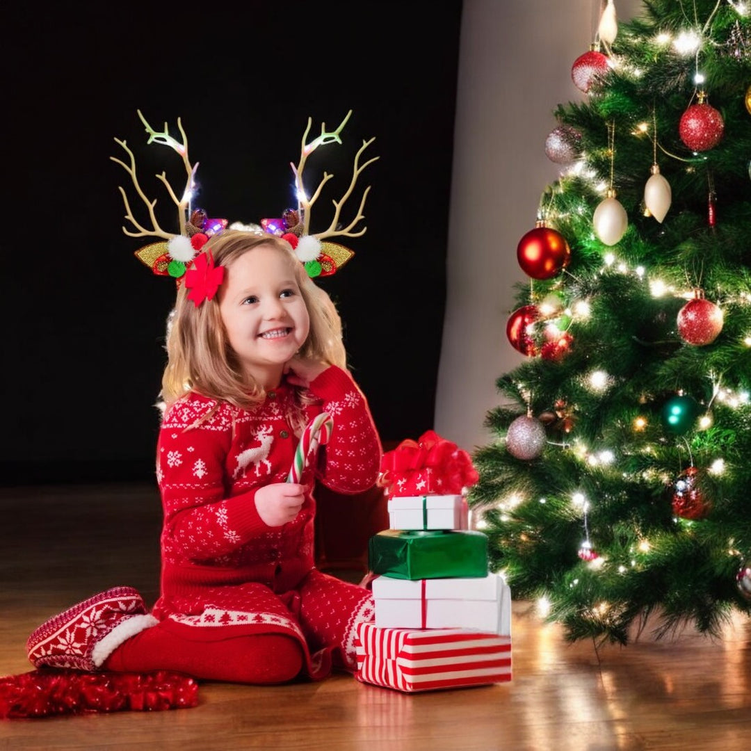 Christmas Red Reindeer Antler Hairband with Pom-Poms & Ornaments - Festive Accessory One Piece