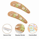 Load image into Gallery viewer, Radhu &amp; Kabby Floral Embroidered Hair Clips | Beige Fabric with Cream Thread Roses &amp; Beaded Edges