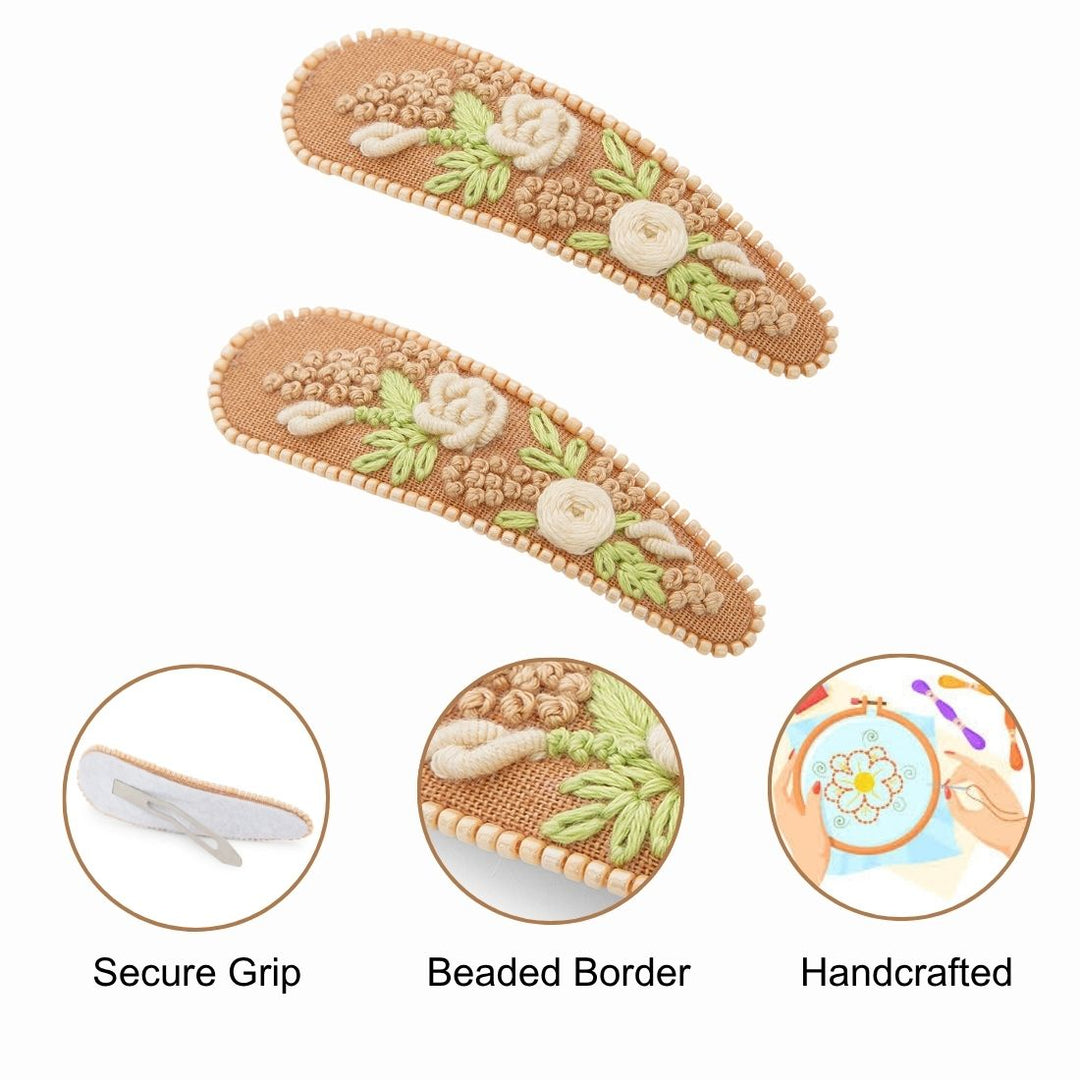 Radhu & Kabby Floral Embroidered Hair Clips | Beige Fabric with Cream Thread Roses & Beaded Edges