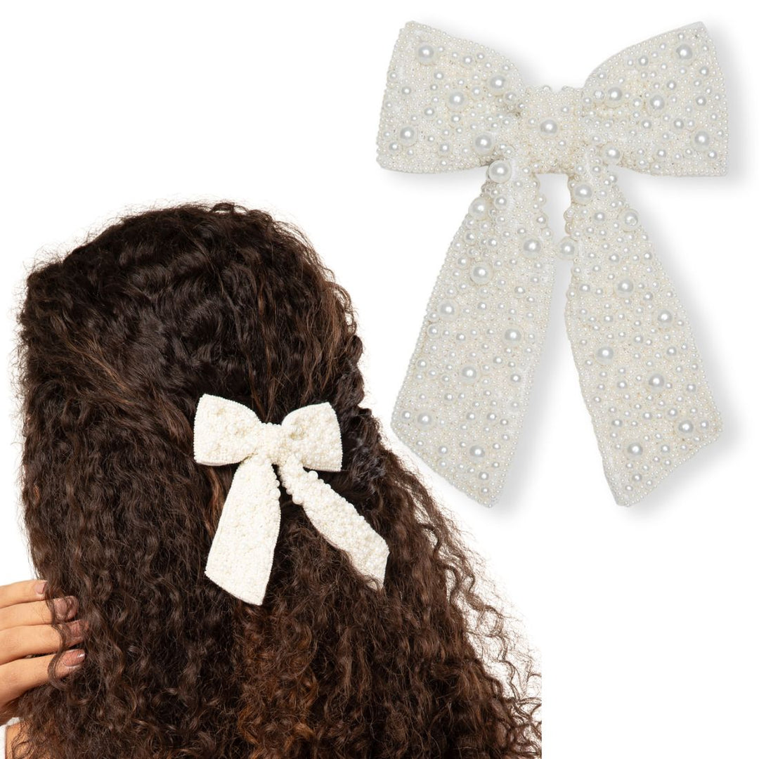 Classic White Hair Bow with Pearls – Beautiful Hair Clip for All Events