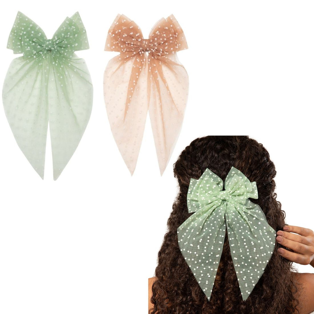 Polka Dot Net Tail Hairbow Green & Beige Colour Set of 2