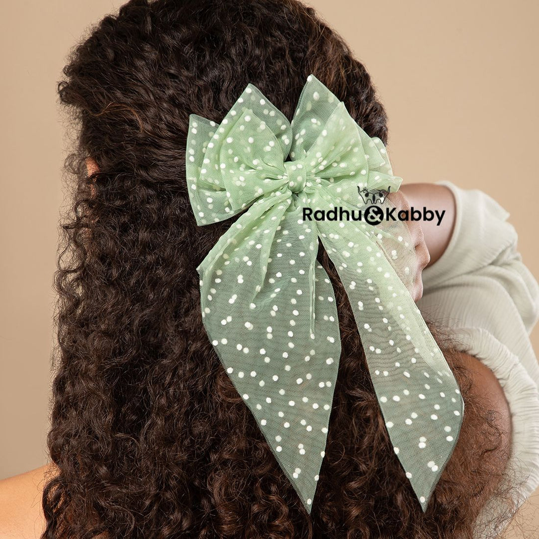 Polka Dot Net Tail Hairbow Green & Beige Colour Set of 2