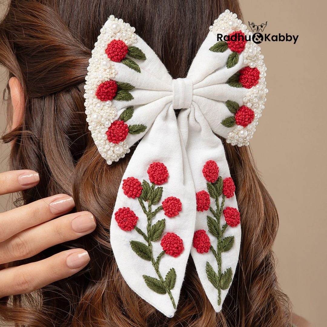 Floral Embroidered Hair Bow Clip Hair Accessories White 1 Pcs