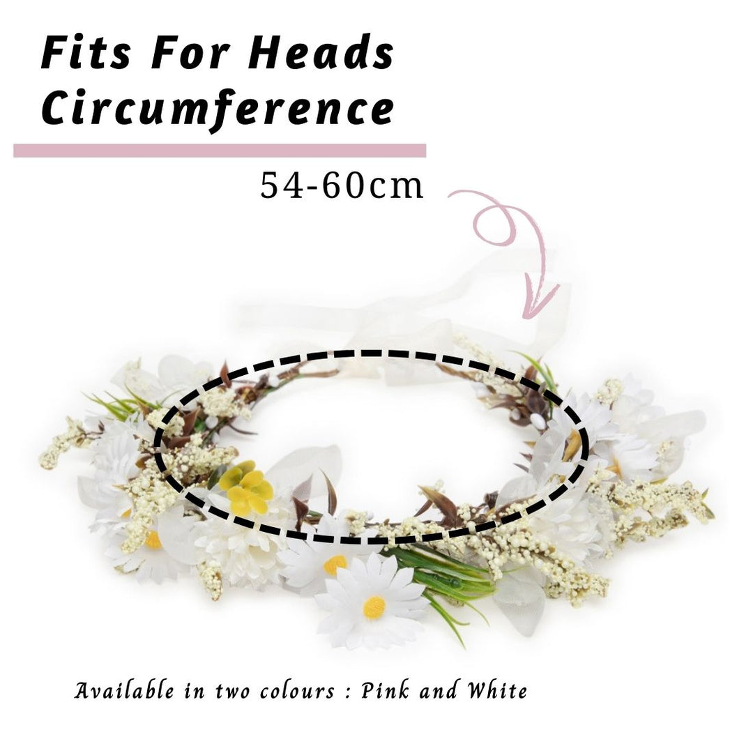Radhu & Kabby Pink Daisy Floral Hair Tiara for Girls & Women | Artificial Flower Crown with Ribbon Tie | Elegant Hair Accessory for Weddings, Photoshoots & Parties