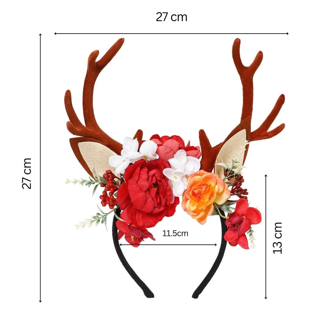 Radhu & Kabby Floral Antler Headband | Reindeer Hairband with Red, White & Orange Flowers | Perfect for Christmas, Parties, Photoshoots & Cosplay