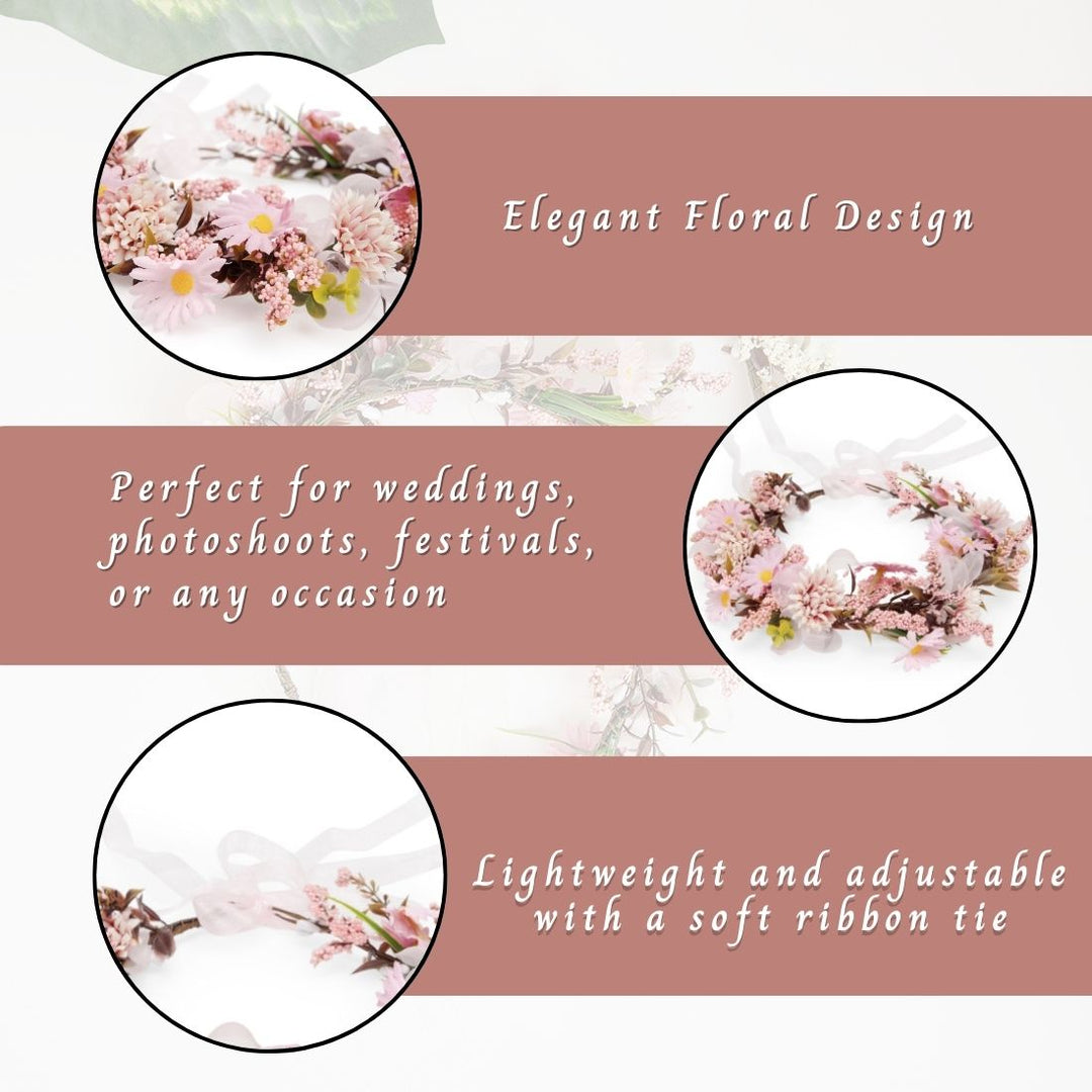 Radhu & Kabby Pink Daisy Floral Hair Tiara for Girls & Women | Artificial Flower Crown with Ribbon Tie | Elegant Hair Accessory for Weddings, Photoshoots & Parties