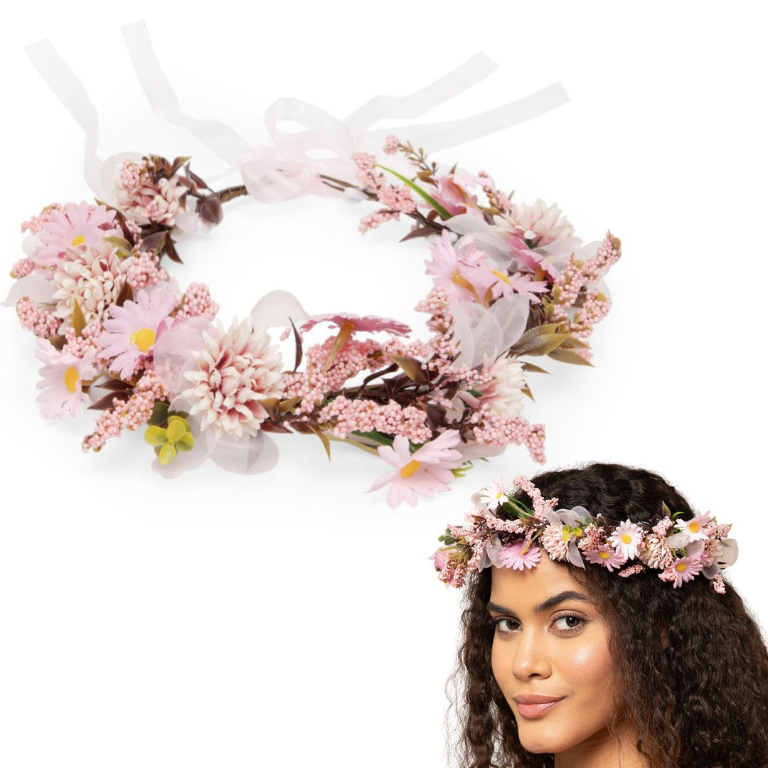 Radhu & Kabby Pink Daisy Floral Hair Tiara for Girls & Women | Artificial Flower Crown with Ribbon Tie | Elegant Hair Accessory for Weddings, Photoshoots & Parties
