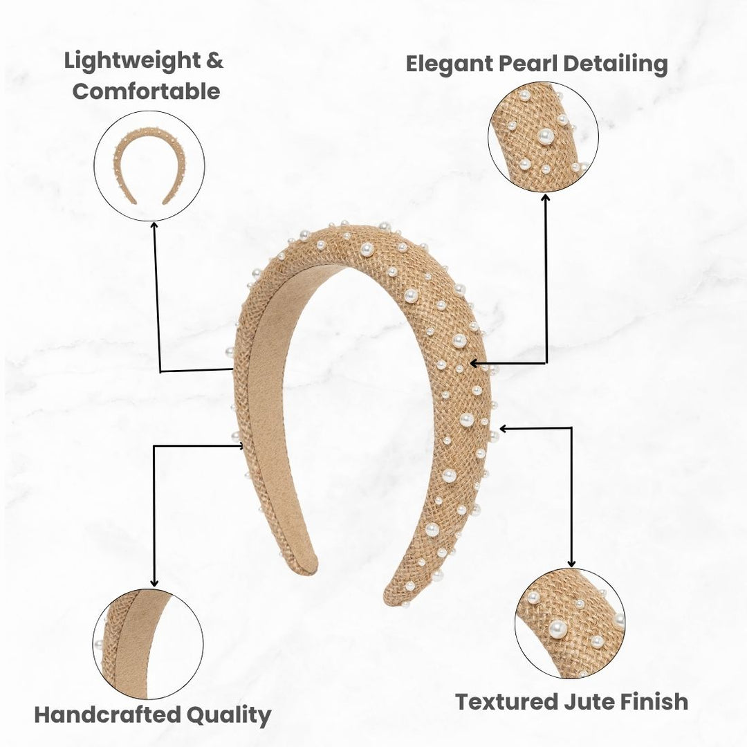 Radhu & Kabby Elegant Beige Jute Fabric Hairband Decorated with White Pearls | Stylish Hair Accessory for Girls & Women