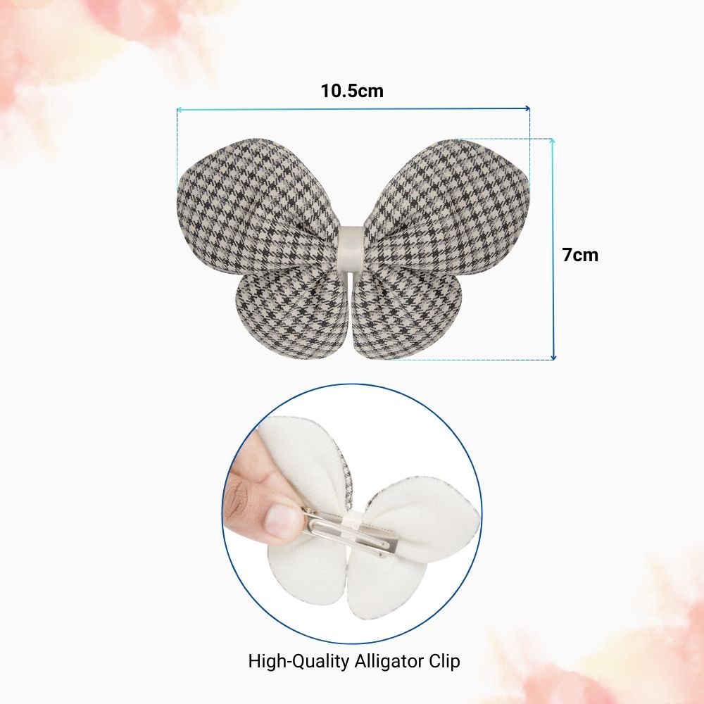 Radhu & Kabby Fabric Butterfly Hair Clips for Girls & Women | Set of 3 Elegant Neutral Soft Checkered Bows
