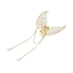 Load image into Gallery viewer, Butterfly Hair Clutcher with Pearl Chain and White Coloured Stones - Golden Finish
