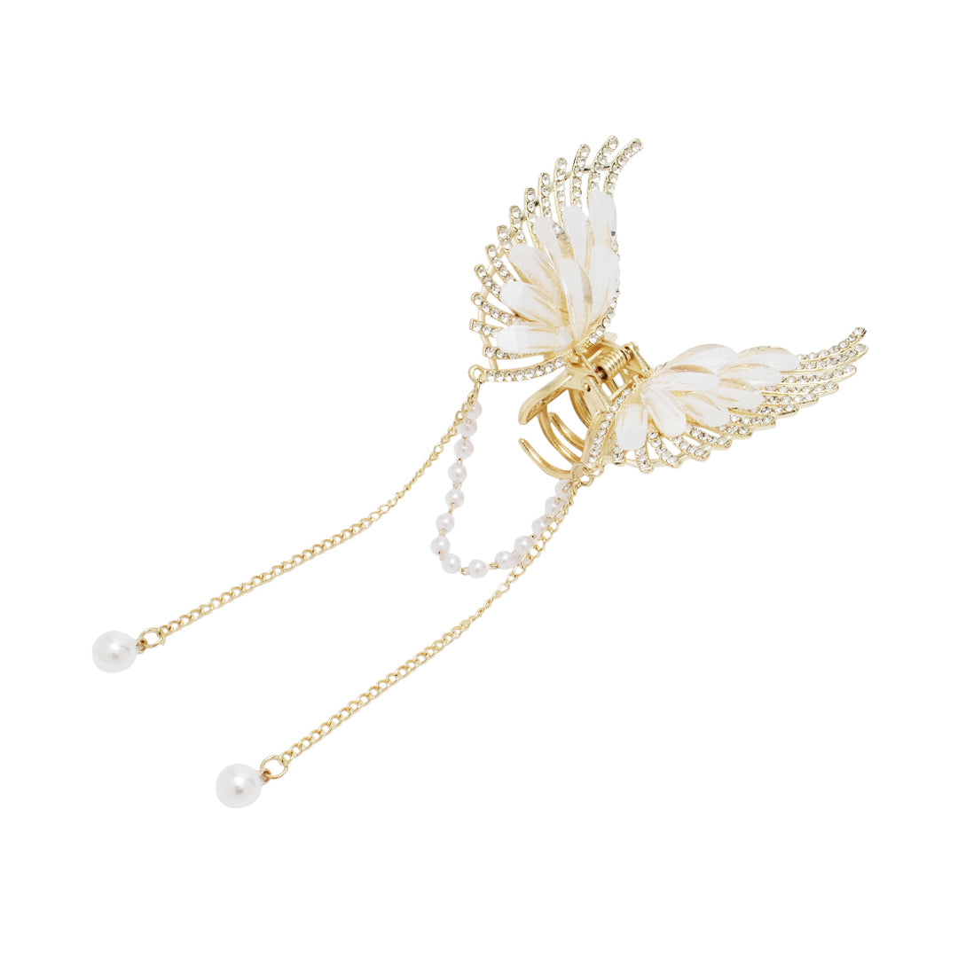 Butterfly Hair Clutcher with Pearl Chain and White Coloured Stones - Golden Finish