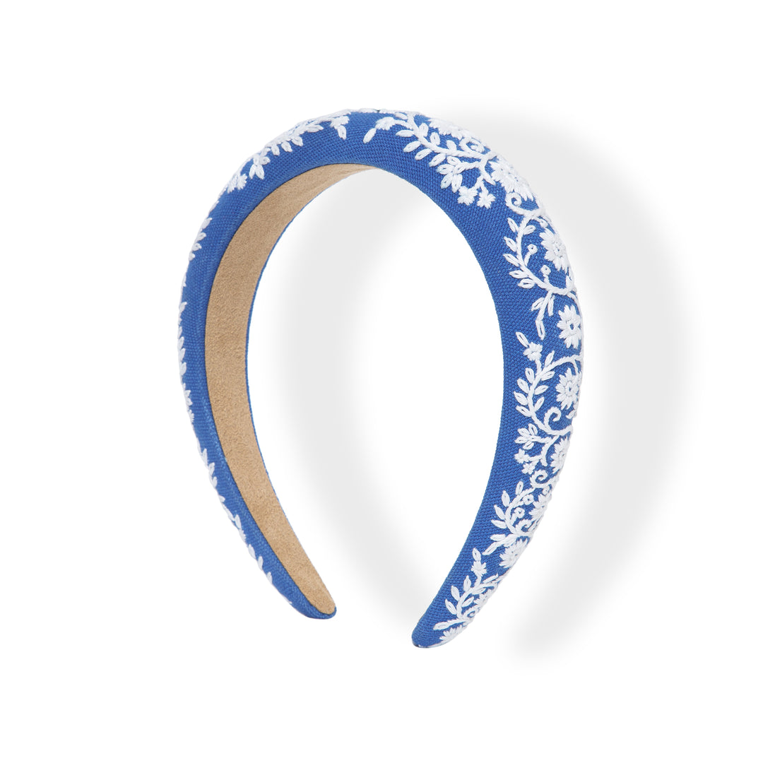 Radhu & Kabby Elegant Blue Hairband with White Floral Embroidery for Women & Girls