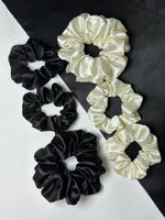 Load image into Gallery viewer, Satin Scrunchie Set for Women | Black &amp; White Hair Accessories | Soft &amp; Gentle Hair Ties