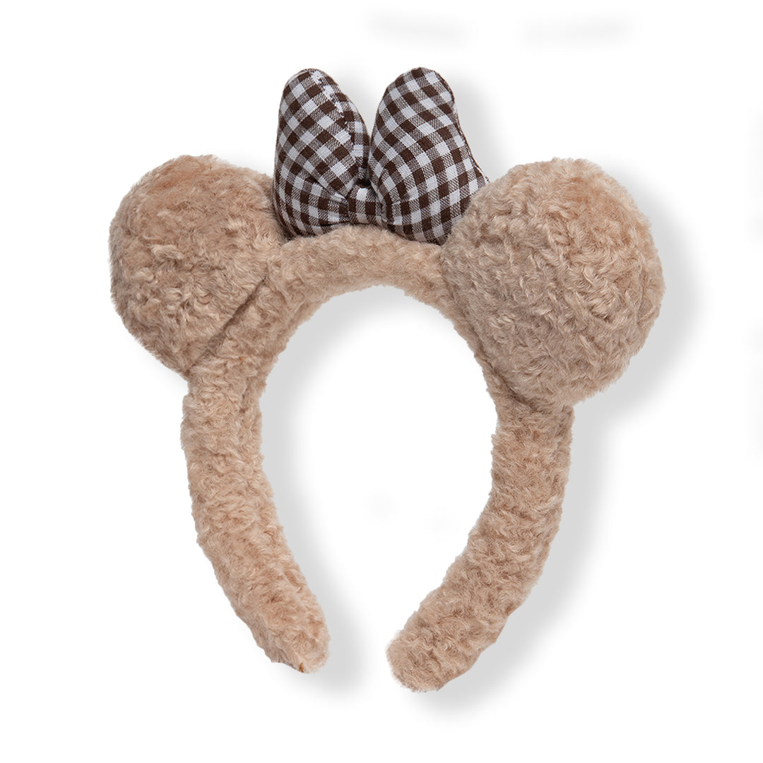 Kids' Teddy Bear Hairband with Checkered Bow Design Beige Colour One Piece