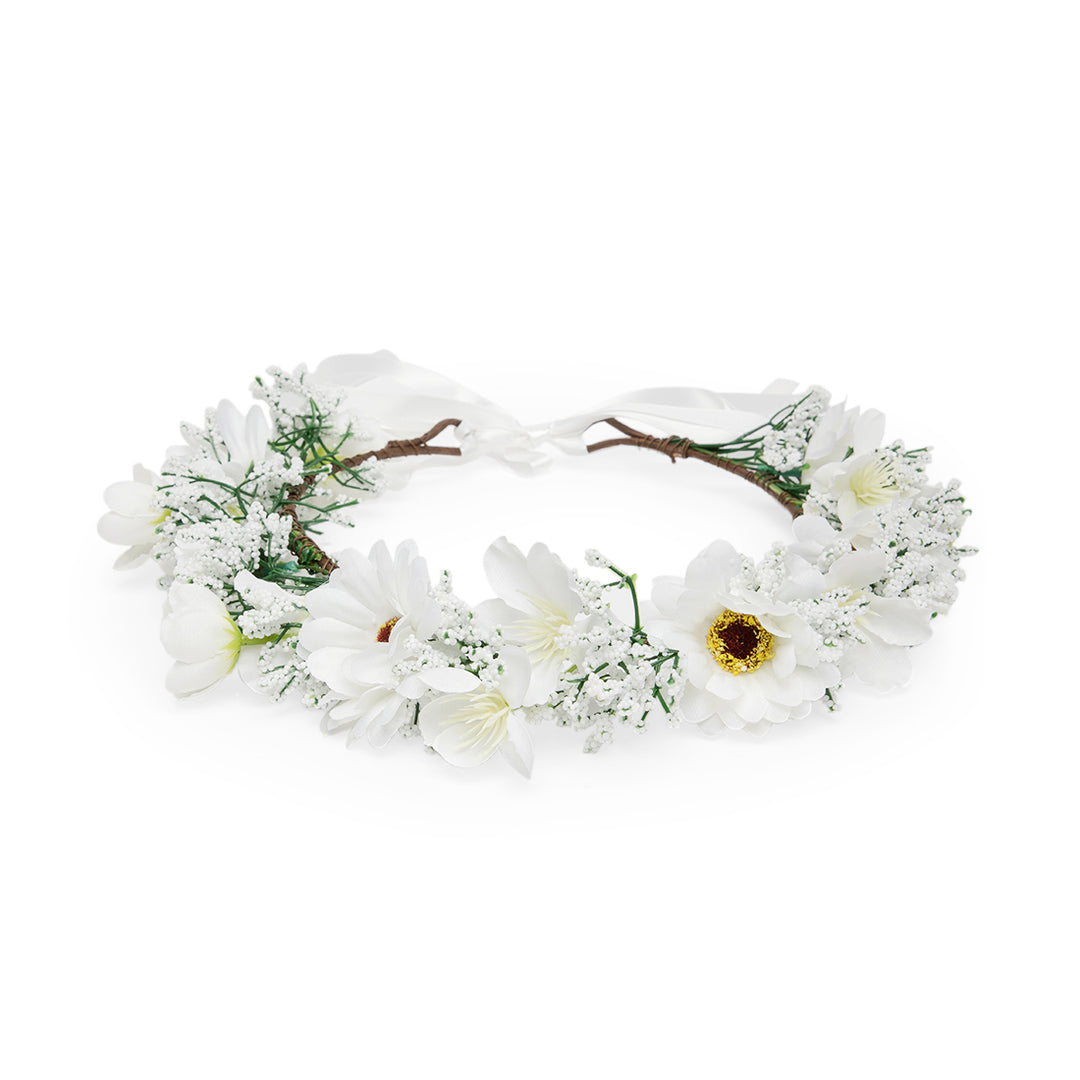 Radhu & Kabby White Floral Hair Tiara for Girls/Women | Delicate Artificial Flower Crown with Ribbon Tie | Elegant & Lightweight Headpiece