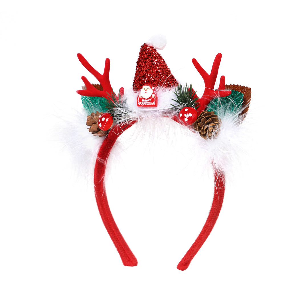 Radhu & Kabby Christmas Reindeer Headband | Festive Antlers with Santa Hat, Pinecones & Glitter Decor | Soft, Lightweight & Comfortable Hairband