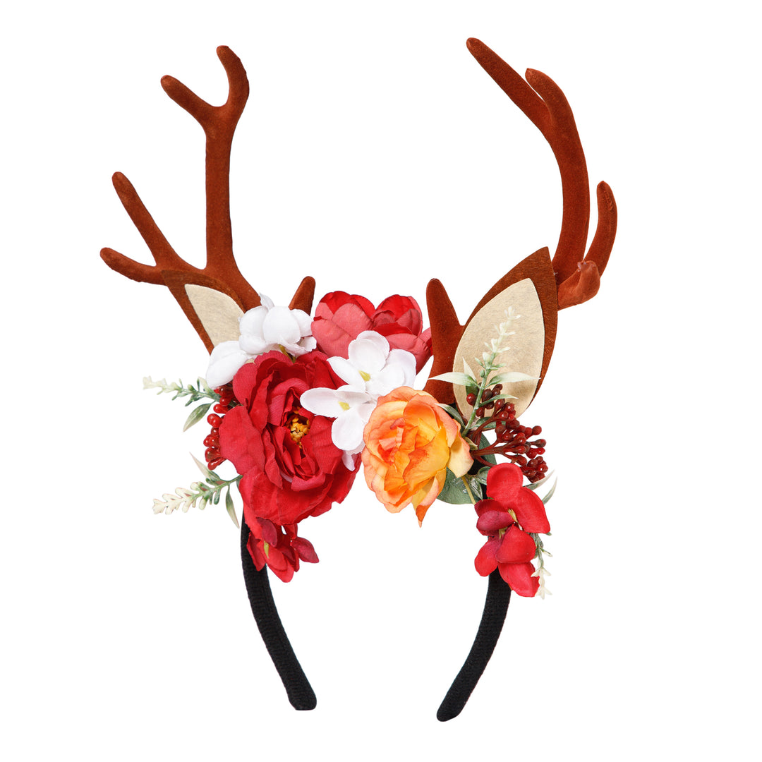 Radhu & Kabby Floral Antler Headband | Reindeer Hairband with Red, White & Orange Flowers | Perfect for Christmas, Parties, Photoshoots & Cosplay