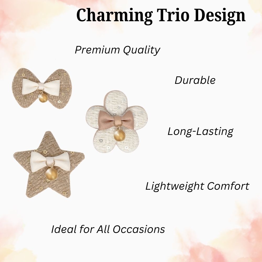 Radhu & Kabby Decorative Hair Clips for Girls | Set of 3 in Different Shapes – Star, Bow & Flower