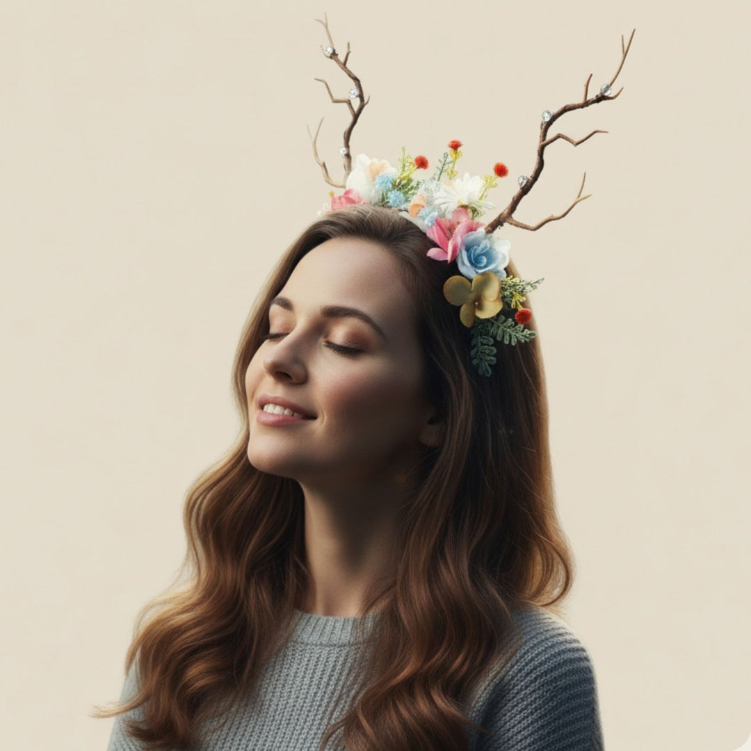 Radhu & Kabby Christmas Floral Antler Headband | Fantasy Deer Horn Hairband with Flowers & Leaves | Pack of 1 Soft, Lightweight Accessory