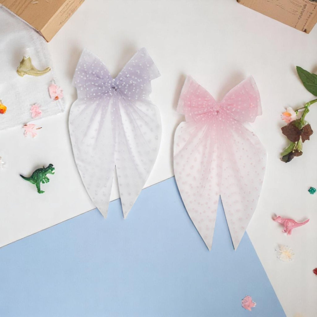 Net Tail Hairbows Polka Dot Net Bows Purple & Pink Colour Set of 2