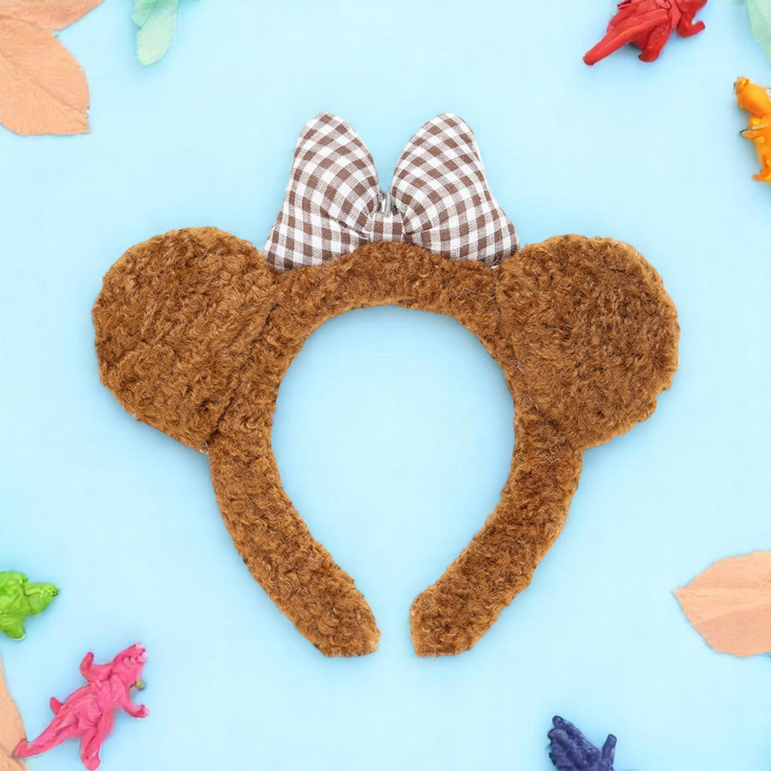Plush Brown Bear Ear Headband with Checkered Bow For Girls One Piece
