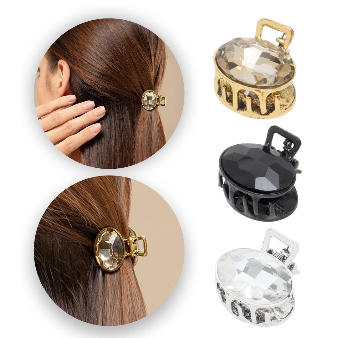 Mini Oval Hair Claw Clips – Black, Gold & Smoky Topaz Set of 3
