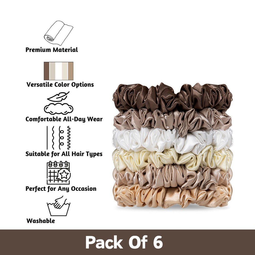Neutral Satin Scrunchies – Pack of 6 Soft Hair Ties