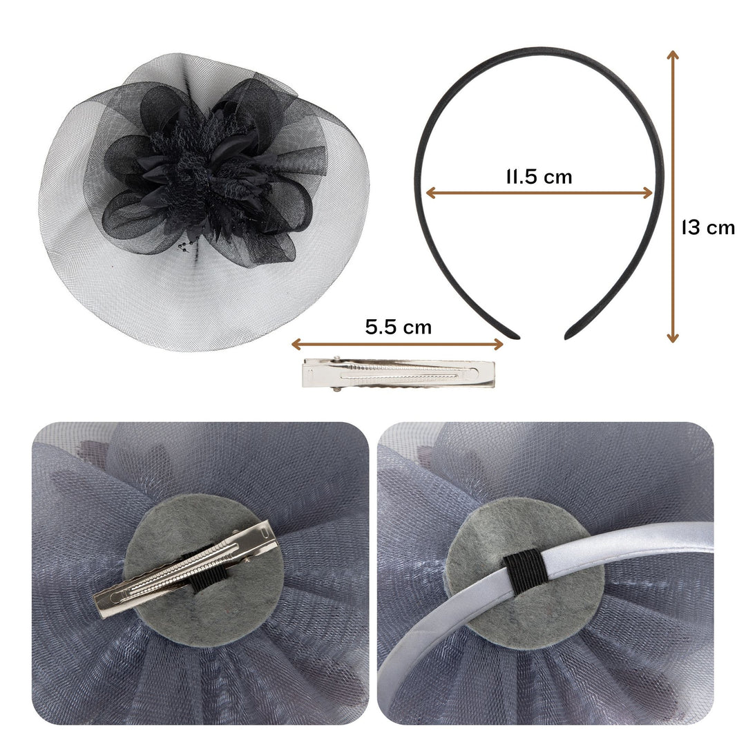 Radhu & Kabby Floral Fascinator Hat for Women | Set of 1 Stylish Black Hat with Alligator Clips & Headband
