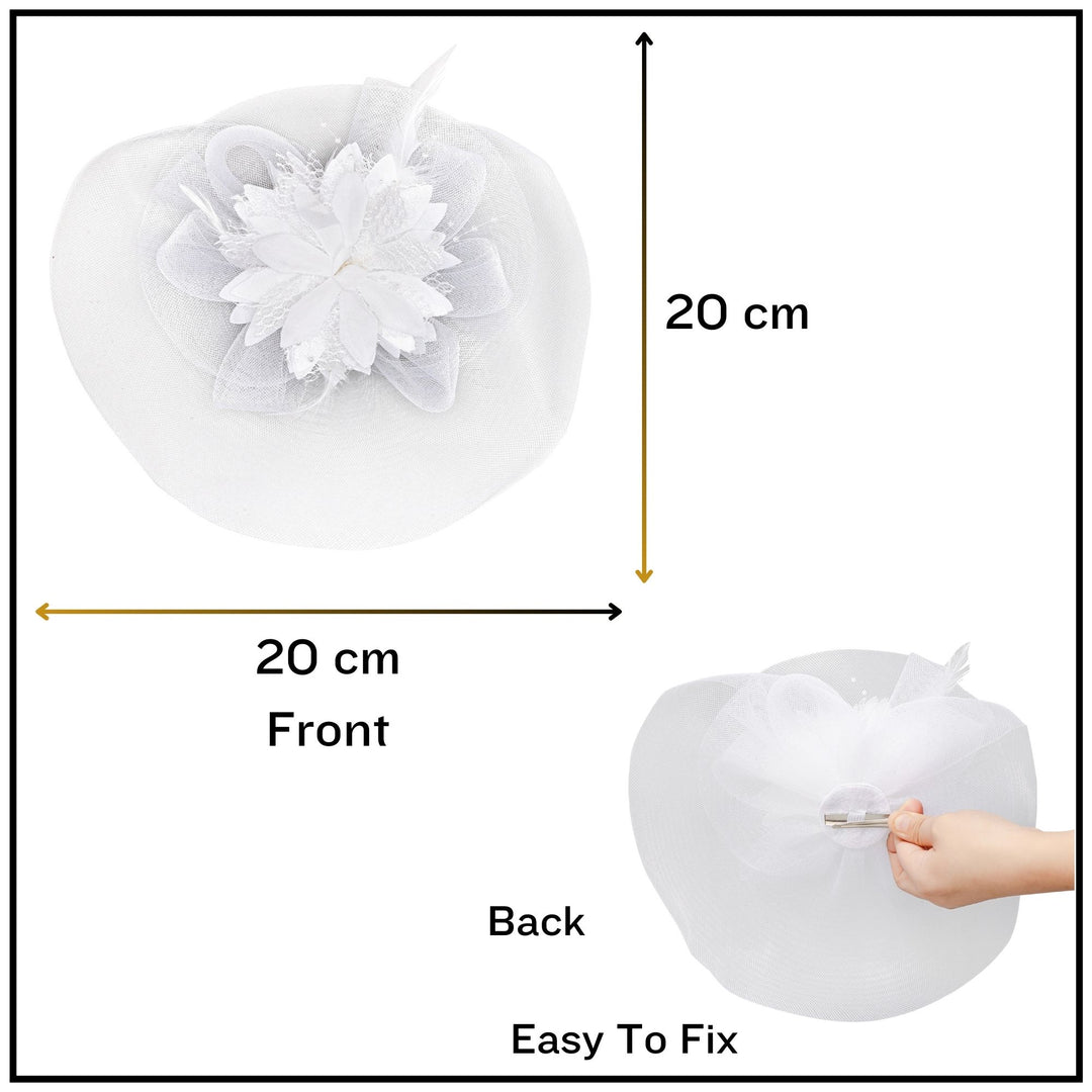 Radhu & Kabby Floral Fascinator Hat for Women | Set of 1 Classic & Stylish White Hat with Alligator Clips & Headband