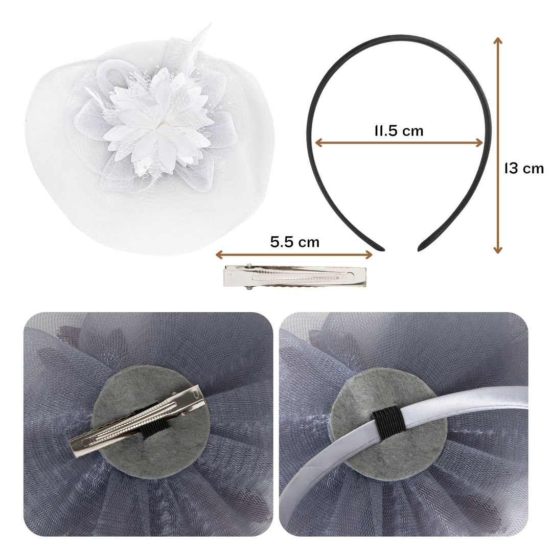 Radhu & Kabby Floral Fascinator Hat for Women | Set of 1 Classic & Stylish White Hat with Alligator Clips & Headband