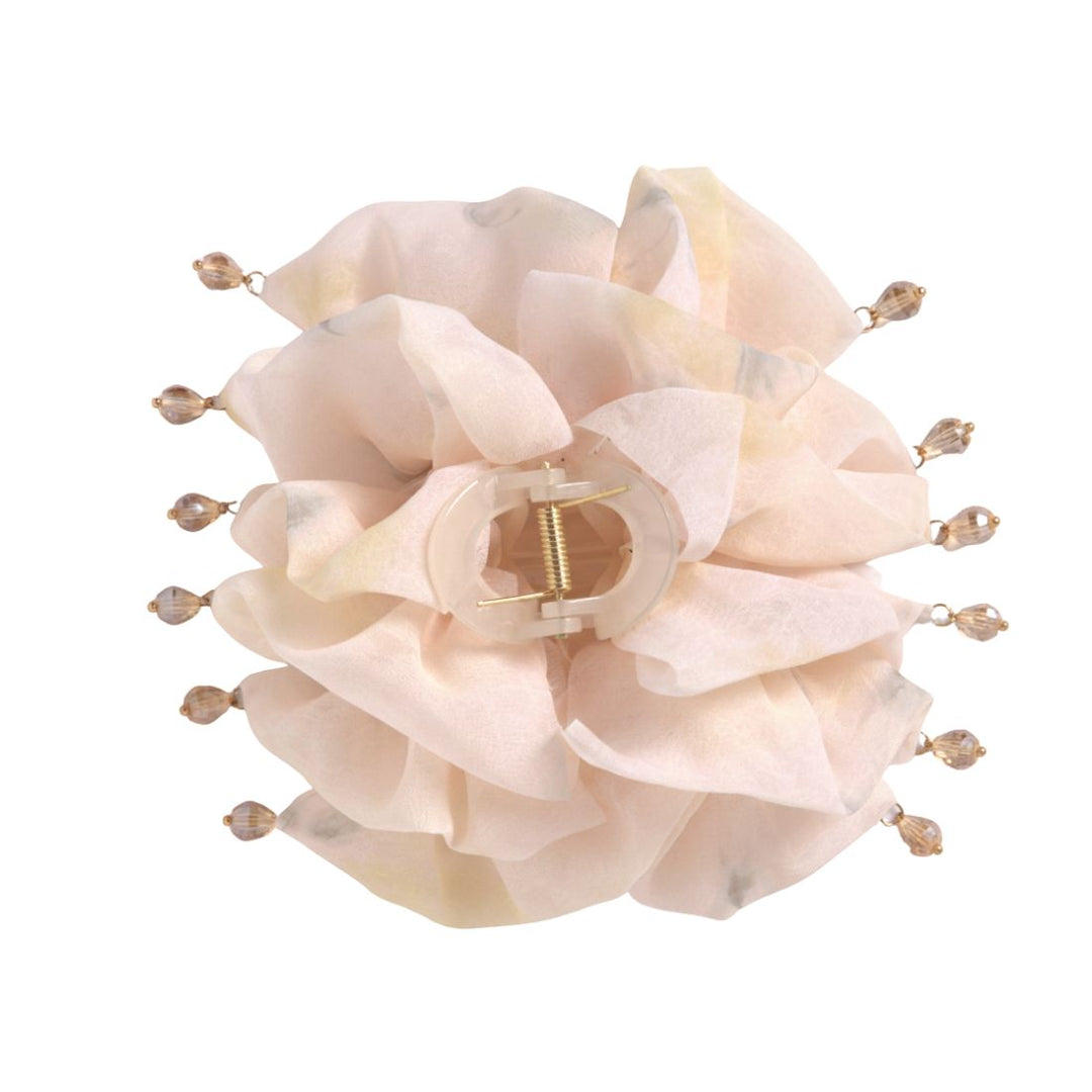 Radhu & Kabby Women’s Beige Ruffle Fabric Hair Claw Clip with Bead Tassel Detailing | Fashion Hair Accessory