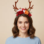 Load image into Gallery viewer, Radhu &amp; Kabby Floral Antler Headband | Reindeer Hairband with Red, White &amp; Orange Flowers | Perfect for Christmas, Parties, Photoshoots &amp; Cosplay