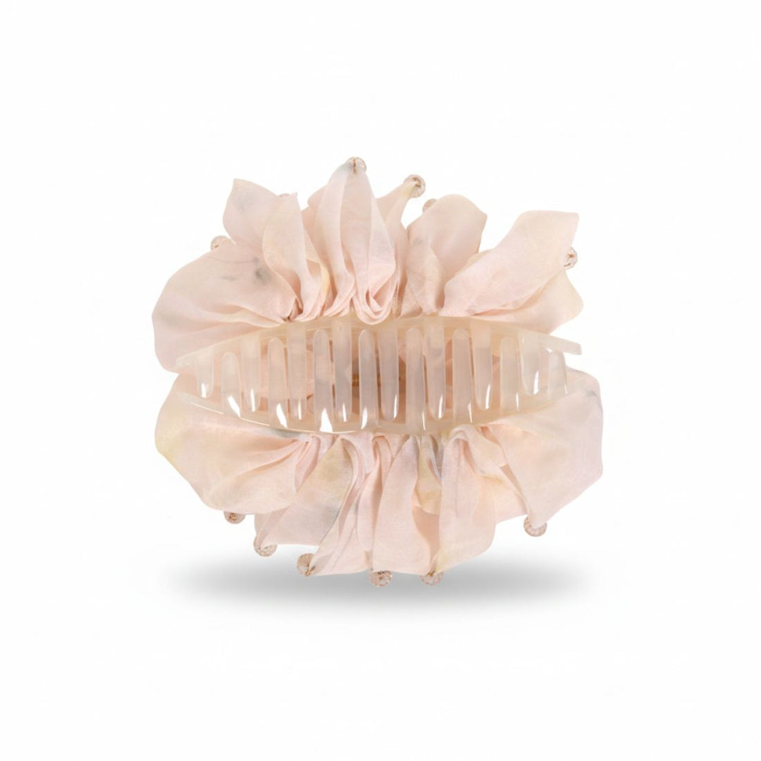 Radhu & Kabby Women’s Beige Ruffle Fabric Hair Claw Clip with Bead Tassel Detailing | Fashion Hair Accessory