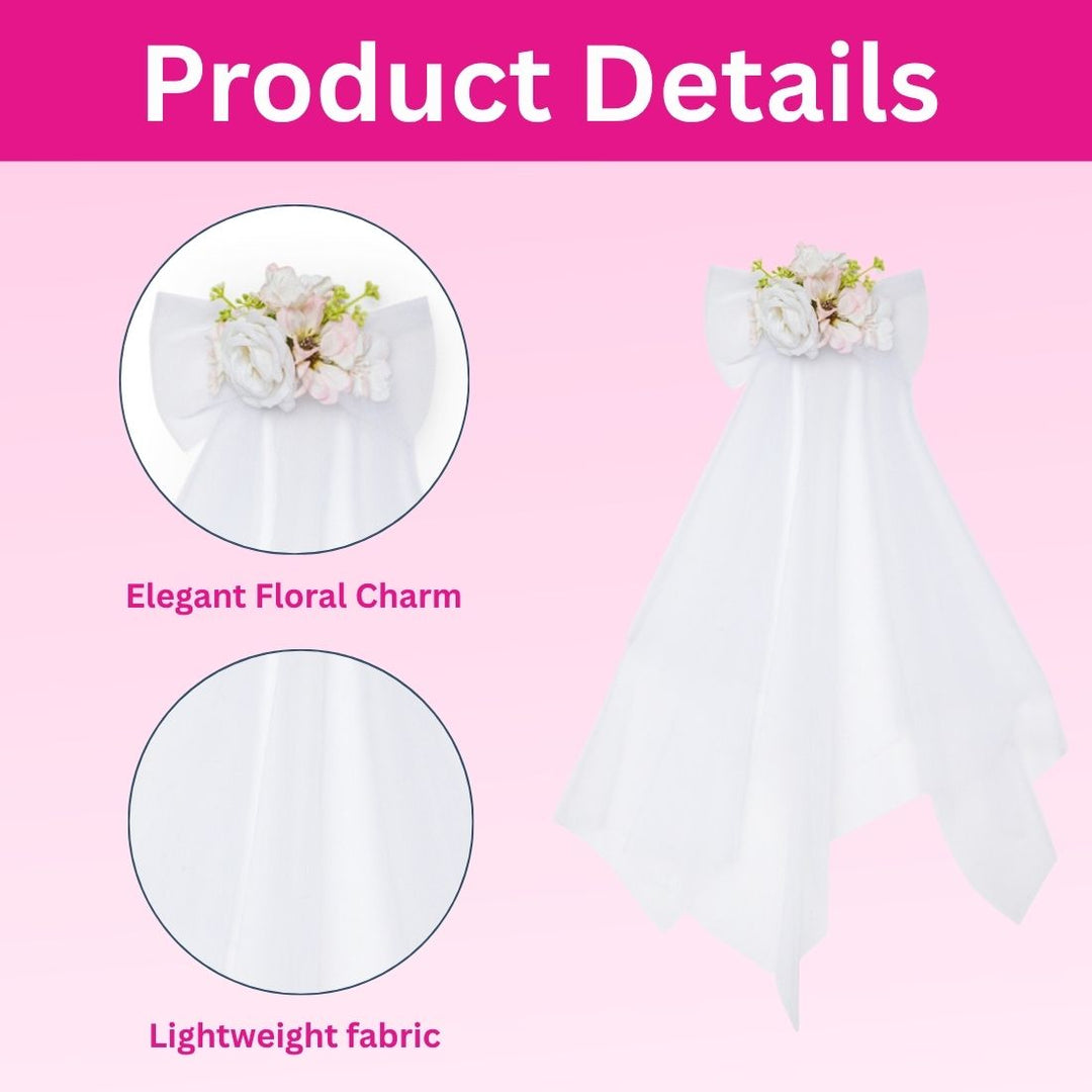 White Hair Bow with Veil Flower Embellishments One Piece