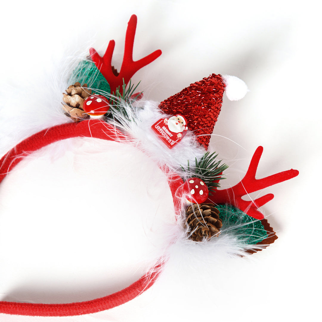 Radhu & Kabby Christmas Reindeer Headband | Festive Antlers with Santa Hat, Pinecones & Glitter Decor | Soft, Lightweight & Comfortable Hairband
