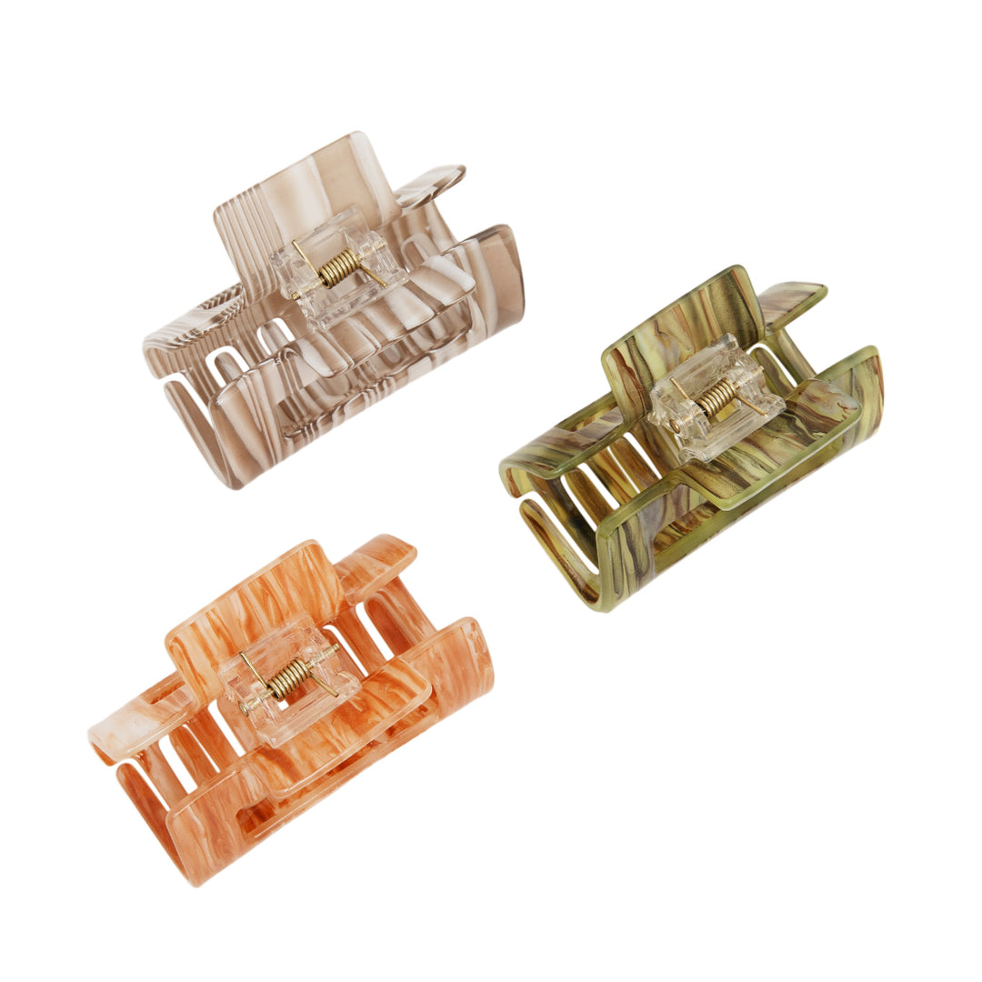 Radhu & Kabby Large Marble Finish Hair Clutcher Clips | Set of 3 Rectangle Claws in Multicolor Tones | Strong Grip for Thick Hair | Stylish Daily Hair Accessories
