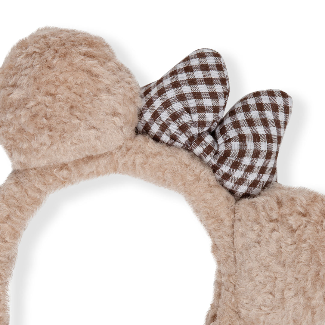 Kids' Teddy Bear Hairband with Checkered Bow Design Beige Colour One Piece