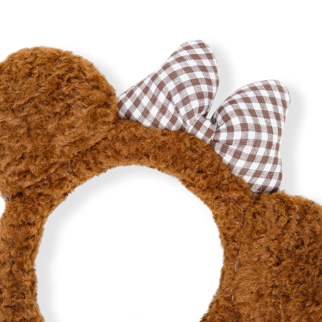 Plush Brown Bear Ear Headband with Checkered Bow For Girls One Piece